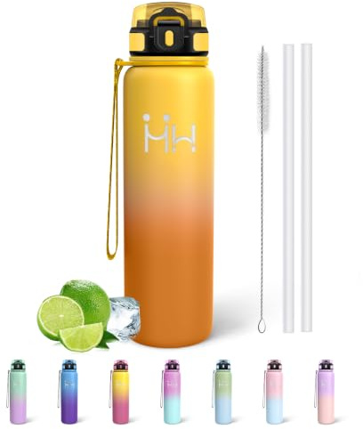Mujigaga Gourde Isotherme 1l, Reutilisable Bouteille Isotherme, 18/8 Acier Inoxydable, Anti Fuite Gourde Sport avec Paille, Bouteille d'eau sans BPA pour Voyage, Cyclisme, Bureau