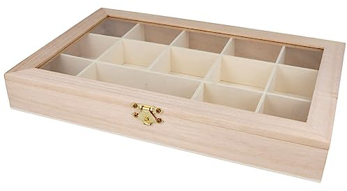 INNSPIRO Caja vitrina expositor madera de balsa 30x19x4cm. 14 compartimientos