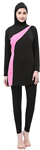 BOZEVON Muslimischen Badeanzug - Muslim Islamischen Bescheidene Badebekleidung Modest Swimwear Beachwear Burkini für Damen, Schwarz+Rosa, L