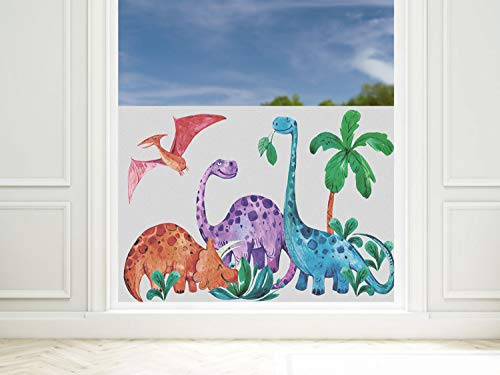 Sichtschutzfolie Kinderzimmer Junge Dinos, Fensterfolie Blickdicht, Milchglasfolie (Dinosaurier Welt, 80x57cm)