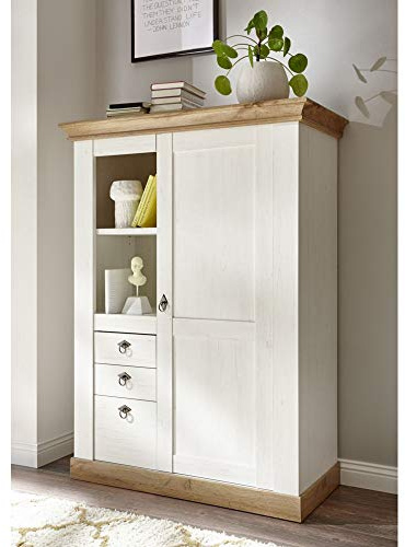 Lomadox Landhaus Highboard Kommode Pinie weiß, Wotan Eiche Nb., B/H/T ca.: 102/139/44 cm