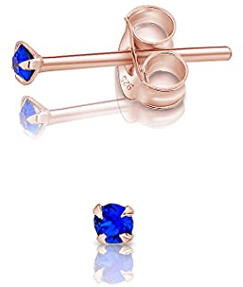 Pendientes de Botón Plata Ley 925 Chapados Oro Rosa 18K on Cristales Brillantes Azul 2 mm - Pendientes Dorados para Mujer - Punto de Luz Hipoalergénicos