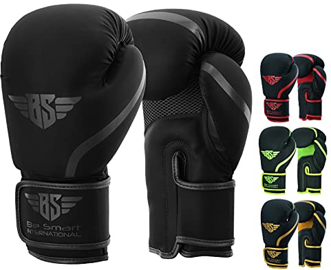 BES Smart® - Guanti da boxe professionali per adulti, ragazzi, ragazzi, uomini e donne, in pelle Pro Gel Muay Thai MMA Kick Boxing Sparring Grappling combattimento e allenamento (170 g, nero opaco)