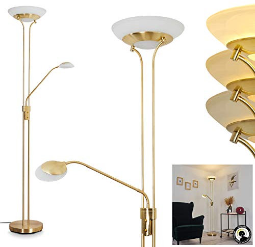 LED Stehleuchte Mairoa, Bodenlampe aus Metall in Messing, moderne Stehlampe mit An-/Ausschalter am Gehäuse und stufenlos dimmbar, 1 x LED 27 Watt, max. 3150 Lumen, 3000 Kelvin, mit Lesearm