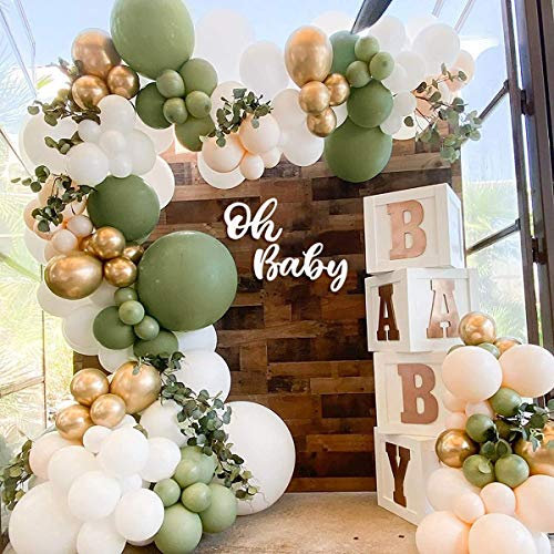 Sage Green Balloon Garland Arch Kit,126pcs Olive Green and Gold Balloons Set with White Gold Metallic Balloons, Jungle Safari Balloon Arch Kit for Boys Girls Baby Shower, Birthday Party Decoration