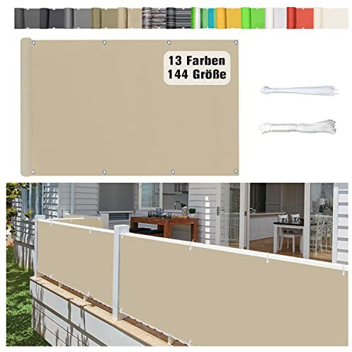 Stootrel Balkonschutz Balkonabdeckung, 100 X 200CM Blickdichte Balkonumspannungen Balkonabdeckung Wind&UV Schutz Wasserdicht Balkonumrandung mit Ösen und Kordel, Sandfarbe
