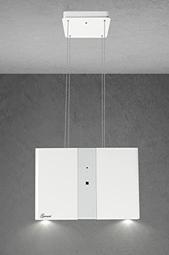 GURARI Weiße Inselhaube 331 45 WH PRIME, Umluft Insel Dunstabzugshaube 45 cm, Deckenhaube, 1000m³/h, Weiß, Weißglas, 4 Stufen,Display, LED Beleuchtung
