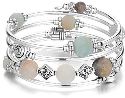Bulinlin Damen Wickelarmband mit Achat Stein Silber Mehrschichtiges Perlen Armbänder Geburtstags Modeschmuck Geschenk für Frauen(09-Green)