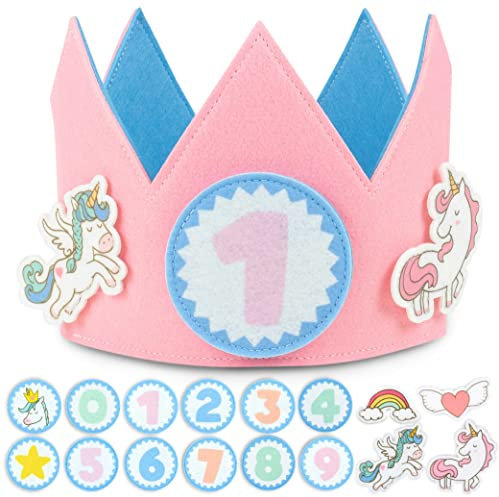 BONNYCO Corona Compleanno Bambina Unicorno, Numeri Intercambiabili 0-9 e Personaggi a Tema. Corona Primo Compleanno Bimba, Regalo Bambina 1 Anno. Cappellini Unicorno, Festa Decorazioni Carnevale