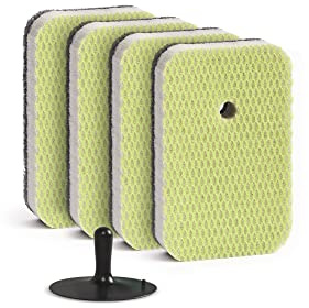 BLINGBLACK - Pack 4 Antibacterial Multipurpose Kitchen Sponges with dual surface + Sponge Holder: Black Fibre Scouring Pad (Tough Stains) and Green mesh (Delicate & Non-Stick Surfaces - Non-Scratch)