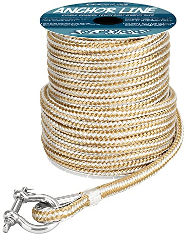 MARINE SYSTEM Made 3/8 Inch 100FT 150FT Gold/White Nylon Anchor Line Double Braided Anchor Rope/Line with Thimble (3/8 x 150')
