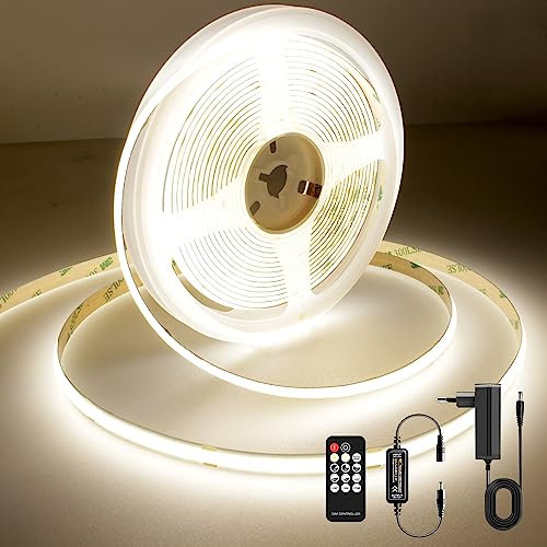 AXMOTUT Striscia LED COB 5 metri 24V, Striscia LED Bianco Naturale 4000K, 320LEDs/m, Larghezza 8mm, CRI90+, con Alimentatore, Telecomando RF, luci led per Cucina, Soggiorno, Feste, Bar