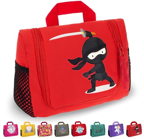 GRINSEZWERGE Trousse de Toilette Enfant à Suspendre – avec Crochet, Grande Capacité, Poches Zippées & Filet – Sac de Toilette Pliable Déperlant – Organiseur de Voyage Fille & Garçon