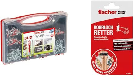 fischer RED-BOX DUOPOWER + Schrauben, Sortimentbox, 280-teilig & DUOPOWER Dübel in verschiedenen Größen, rot/grau & BOHRLOCH RETTER, Reparaturvlies für ausgerissene Dübel in Weiß