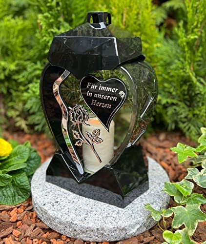 Grablampe Grablicht Laterne Herz Form mit Spruch Für Immer in unseren Herzen..., 28 cm H. NEU - Grablampe Kerze Grabkerze Grabdekoration Grablicht ohne Sockel und Deko.