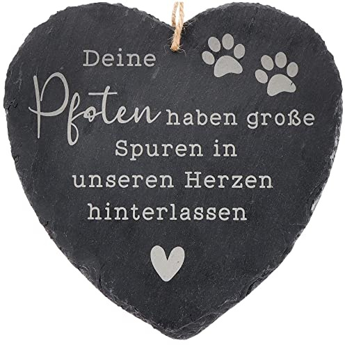 Spruchreif | Wetterfestes Schieferherz mit Gravur „Deine Pfoten haben große Spuren hinterlassen“ | Herzförmige Schiefertafel zum Aufhängen | Erinnerung & Trauergeschenk für Haustiere