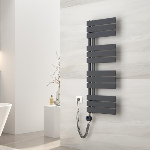 EMKE Badheizkörper Elektrisch 1041x400mm, mit Thermostat 400 Watt, Flach Handtuchheizkörper Elektrisch Panel Handtuchhalter Handtuchtrokner inkl Heizstab mit timer Anthrazit