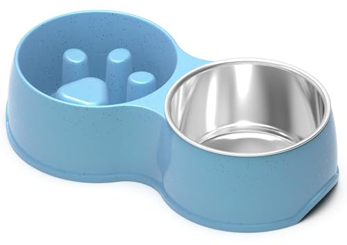 ZENO Double Slow Feeder Dog Bowl | Raised Bowl With Non-Slip Bottom | Cat and Dog Food and Water Bowls | Stainless Steel | Detachable Raised | Blue