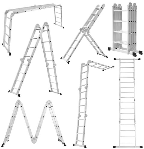 LARS360 7-in-1 Multi-Purpose Ladder, 470 cm, Aluminium, 4 x 4 Steps, Folding, Joint, Household Ladder with Platform and Wheels, Stepladder, Maximum