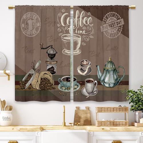 Laifzere Vorhänge im Landhausstil, Kaffeemotiv, Vintage, rustikal, modern, Latte Macchiato, kleine, kurze Café-Vorhänge, Bauernhof, Retro, Küche, Bad, Scheibengardinen, 2 Paneele, 70 x 99 cm, Braun