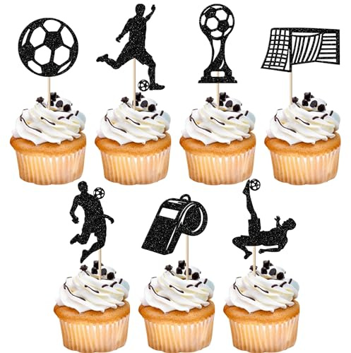 Xsstarmi 28 Pack Soccer Cupcake Toppers Glitter Football Sports Theme Soccer Ball Champion Cup Cupcake Picks for Baby Shower Kids Birthday Party Cake Decorations Black