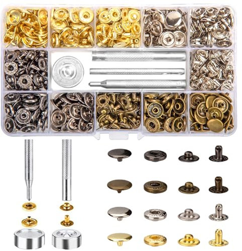 Ewwtrey120 Set Snap Fasteners, Press Studs, 12.5mm Metal Snap Buttons, No Sewing Snap Fastener, Metal Snaps Buttons Kit, with 4 Install Tools, for Sewing Clothes Jackets Leather Bags