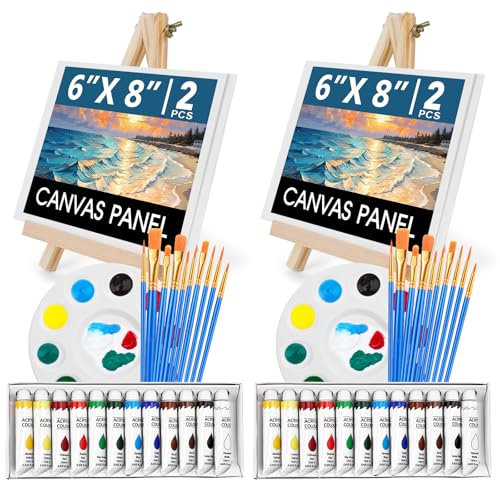 ESRICH 52-teiliges Acrylfarben-Set, Malzubehör mit 2 x 12 Farben Acrylfarbe (12 ml), 20 Pinsel, 4 Bretter, 2 Holzrahmen, 2 Platten, Acryl-Malsets für Kinder, Erwachsene, Künstler und Anfänger