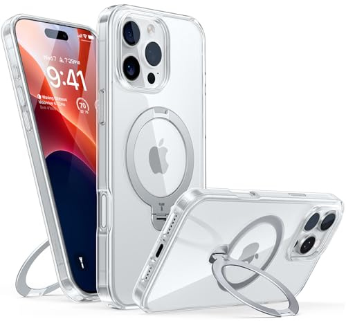 TORRAS Ostand Q3 Spin für iPhone 16 Pro Max Hülle (360° Magnetischer Unsichtbarer Ständer) Zertifizierte Militärschutz, MagSafe Kompatibel, Stoßfest Kratzfeste Matt Rückseite Handyhülle Grau