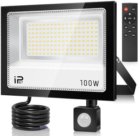 Projecteur LED 100 W avec détecteur de mouvement extérieur, 10 000 lm, 7000 K, super lumineux, étanche IP67, avec télécommande, blanc froid pour jardin, garage, terrain de sport, cour