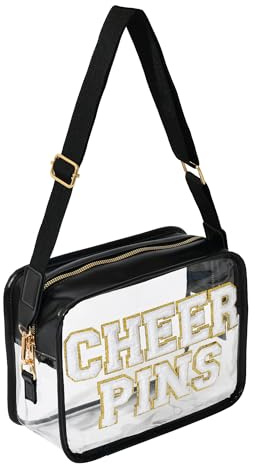 Cheer Pins Set Cheerleader Tasche mit Cheer PINS Schriftzug Pin Me Band für Rucksack Cheerleading Clip Peg Holder, Schwarz, Weiß, Gold, Nur Tasche