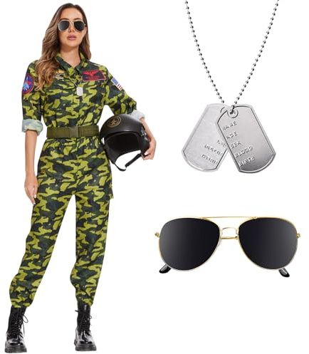 Herenear Costume da Pilota di Caccia per Donna Adulte, Pilot Cosplay Carnevale Dress Up. Set di Costumi Militari Poliziotta Accessori per Carnevale, Halloween, Festa