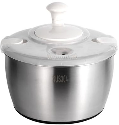 Wizoowip Salatschleuder mit großem Fassungsvermögen, rutschfestem Edelstahl, mit Abtropfkorb, 5,3-Liter-Basis-Stoppknopf, effizientes Gemüse Silber