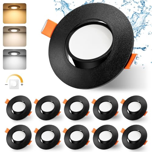 GeyouLux LED Einbaustrahler 230V Dimmbar 68-80mm IP44 Ultra Flach 10er Set | 4.9W LED Spots 3000K/4000K/6000K 45°Schwenkbar Deckenspots für Badezimmer Wohnzimmer Einbauleuchten Küche Spots Deckenleuchte