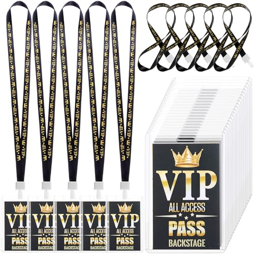 Lot de 25 cordons pour badge VIP avec porte-carte VIP en plastique | Cordon noir et doré pour récompenses musicales, concerts, événements, fêtes d'anniversaire