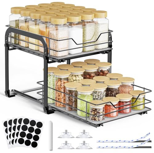 AHOMSEL Spice Rack for Inside Cupboard - 2-Tier Vertical Pull Out Spice Rack, Heavy Duty Metal Spice Shelf with Easy to Install Design, Fits Countertop, Cabinet & Pantry