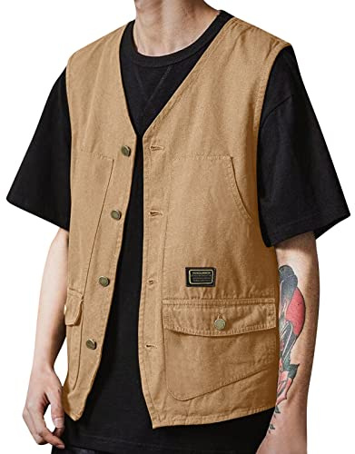 WAZHAKU Gilet d'extérieur pour homme - Respirant - Multifonction - Léger - Pour photographie, camping, randonnée, loisirs - Veste vintage - Pour les loisirs - Vêtement de travail, kaki, XXL