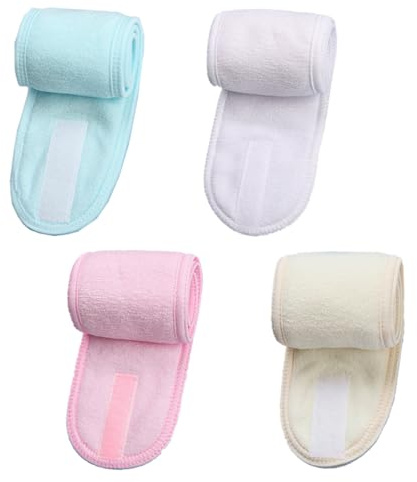 OUDQFCJ Lot de 4 Bandeaux Cosmétiques Réglables pour Femmes avec Fermeture Velcro, Bandeaux en Éponge pour Maquillage, Spa, Lavage du Visage, Sport, Yoga Vert, Rose, Blanc, Jaune