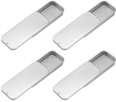 sourcing map 4Pcs Slide Top Tin Containers, Mini Metal Empty Tins Box with Sliding Lids, 3.1x1.3x0.4 Rectangular Storage Organizers for Lip Balm, Solid Perfume, Small Items, Silver