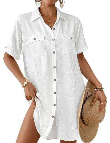 Bsubseach Women Swimsuit Coverup Button Down Bathing Suit Cover Up for Swimwear Summer Beach Shirt Dresses Resort Wear White L