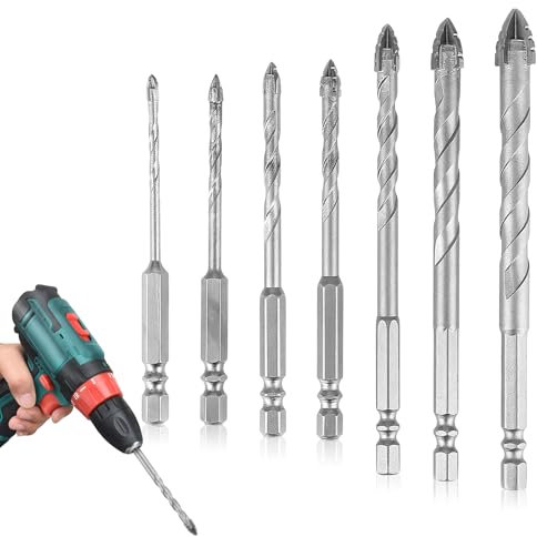 7 Pezzi Punte da Trapano Eccentriche, Trapano Eccentrico con 4 Taglienti, 3/4/5/6/8/10/12 mm Punta Eccentrica con Testa Obliqua con Guanti da Lavoro per Gres Porcellanato, Ceramica, Cemento