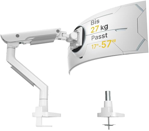 monTEK Monitor Halterung für 17–57 Zoll Ultrawide-Bildschirme bis zu 27KG | Aluminium, Höhenverstellbar Monitor Arm für 1 Monitor, Pneumatischer Lift, VESA 75MM*75MM 100MM*100MM, Weiß