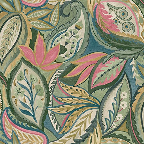 World of Wallpaper Paisley Leaves, Modern, Green/Pink (50461) | Easy to apply wallcovering, Floral, Feature Wall, Hallway, Living & Dining Rooms (10m x 53cm roll)
