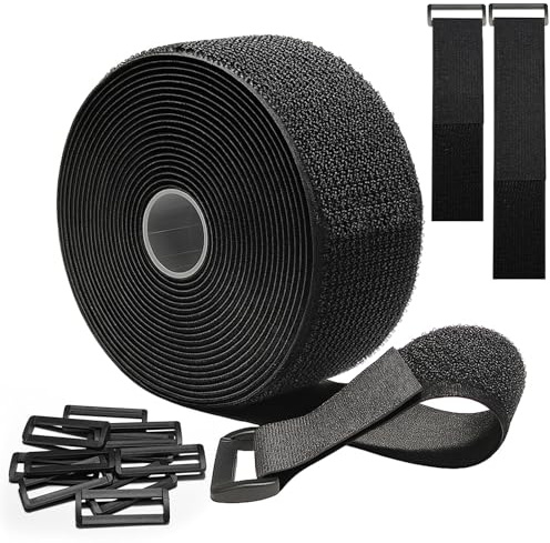 Cinghie per cavi regolabili 5 m x 5 cm con 10 anelli, cinghia per cavi antigraffio, fascetta fermacavi riutilizzabile, facile da tagliare per riordinare e organizzare i cavi, nero