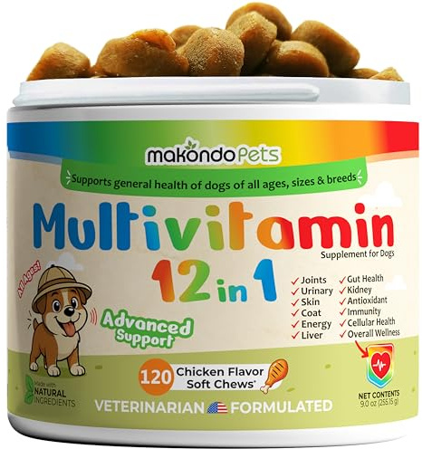 Multivitamin for Dogs 12 in 1 Soft Chews (120) – Dog multivitamin with probiotics + Digestive enzymes, Skin & Coat Support, Immune Defense & Gut Health, Cranberry Urinary Support