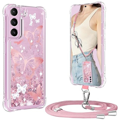 XCYYOO Handykette für Samsung Galaxy A55 Hülle mit Band, Handyhülle für Samsung A55 Glitzer Schmetterling mit Kette TPU Bumper Kratzfest Transparent Stoßfest Schutzhülle mit Kordel - Rosa