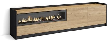 Skraut Home | Mueble TV | Televisión | Muebles de salón, almacenaje | 207x50x37 cm | para TV hasta 80 | Chimenea eléctrica | Estilo Moderno | Roble y Negro