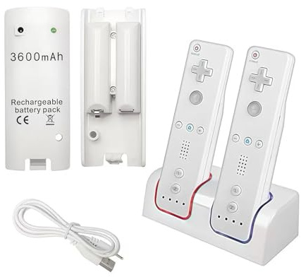 3600mAH Rechargeable Battery Pack + Charger Cable ，Compatible For Nintendo Wii Remote Controller Joystick Charging Battery(Bianco)
