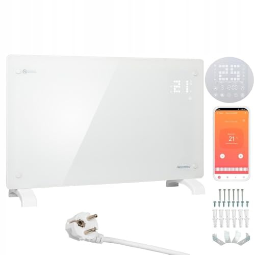 WARMTEC Convector Radiador Eléctrico 2500W | Calefactor de cristal con control WiFi, temporizador, pantalla LCD y programa semanal | Radiador Bajo Consumo de pie o de pared | Blanco