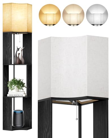 OUTON Lampada da terra con 3 ripiani, piantana design moderno con ripiano | in legno, libreria alta a 3 temperature di colore, LED lettura regolabile, Salotto, Camera, Ufficio (Nero)