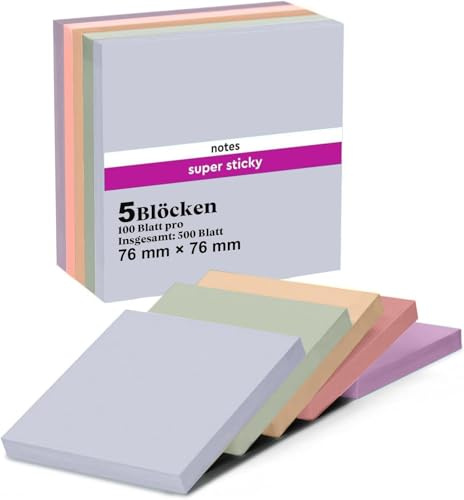 500 Blatt Haftnotizen, 7,6 x 7,6 cm, 5 leuchtende Farben, super selbstklebende Blätter für Notizen, Aufgabenlisten und Erinnerungen